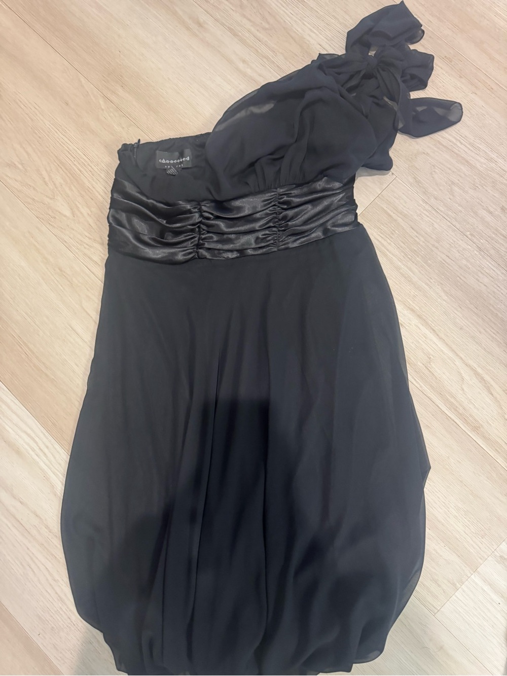 connected apparel Black One-Shoulder Cocktail Dress with Ruched Satin Waist